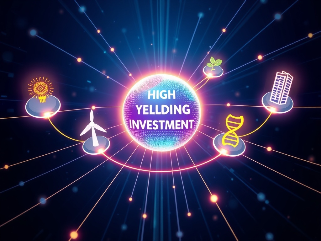 A visual representation of various High-Yielding Investments including technology, renewable energy, and real estate, symbolizing portfolio diversification.