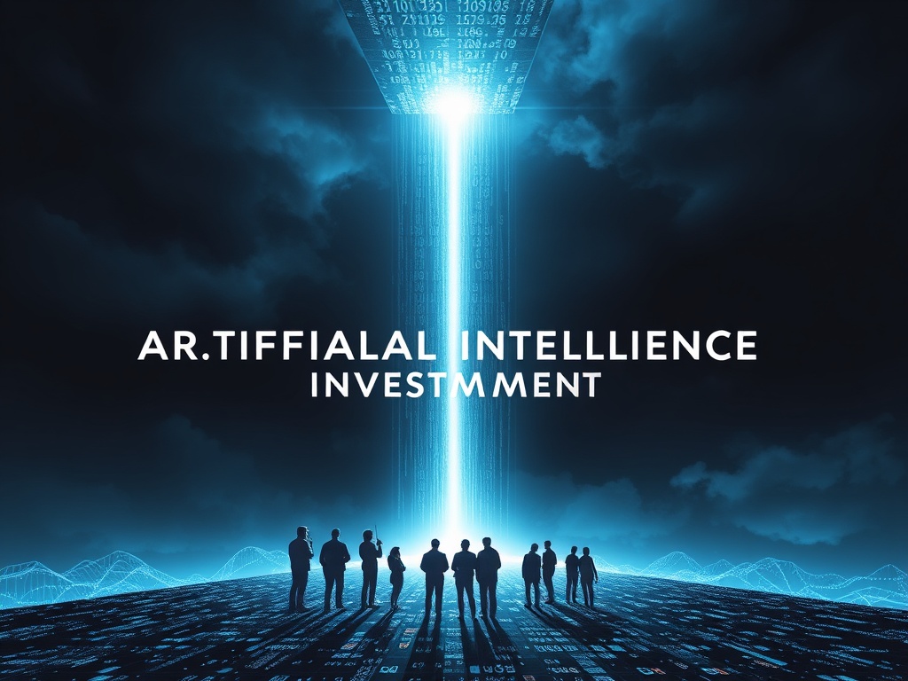 A conceptual image of a futuristic network representing Artificial Intelligence Investment, with data streams converging to form a path for investors.