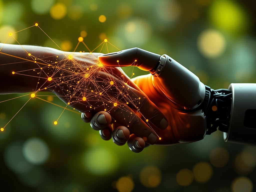 A vivid illustration of AI's Impact on the future of work, showing the collaboration between humans and artificial intelligence.