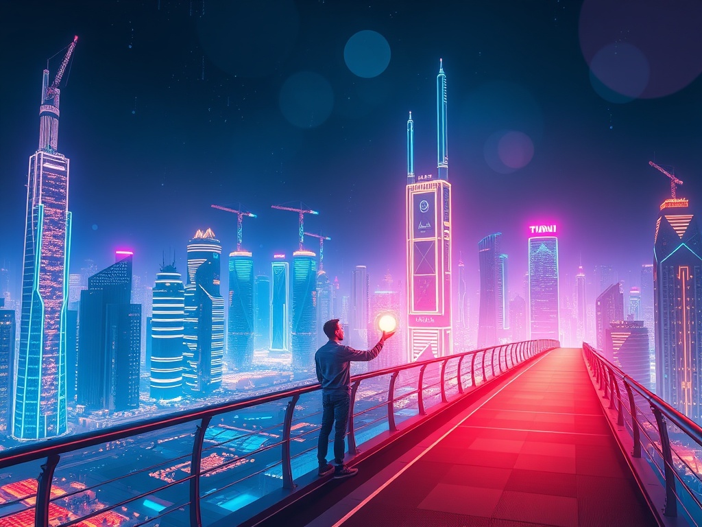 A visually compelling photograph illustrating the dual nature of AI's Impact on humanity: one side showing a path to innovation and wealth, while the other side depicts the challenges and disruptions to traditional careers.