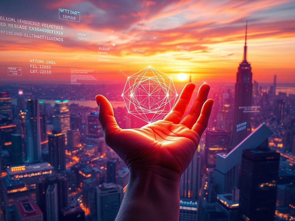 A vibrant digital art piece representing a glowing hand holding a unique digital asset, with a futuristic city background.