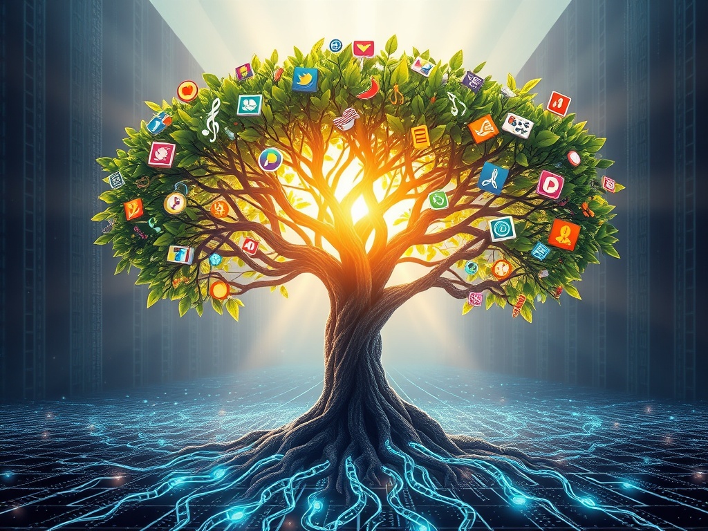 A symbolic illustration of a digital tree with roots made of blockchain links and leaves representing different types of digital assets.