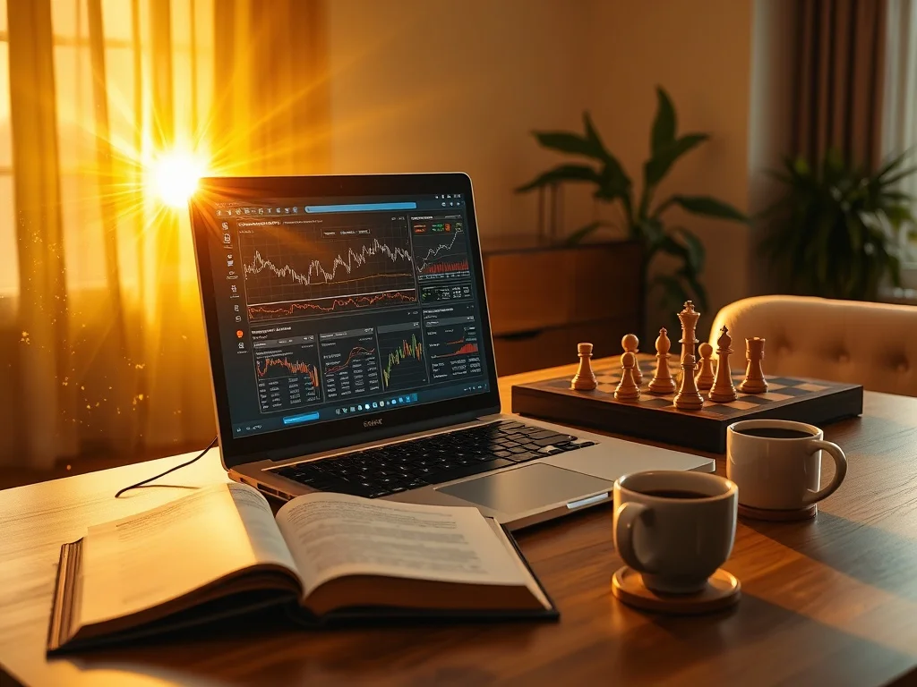 A modern trader using a stock analysis app on a tablet, surrounded by data charts and financial graphs.