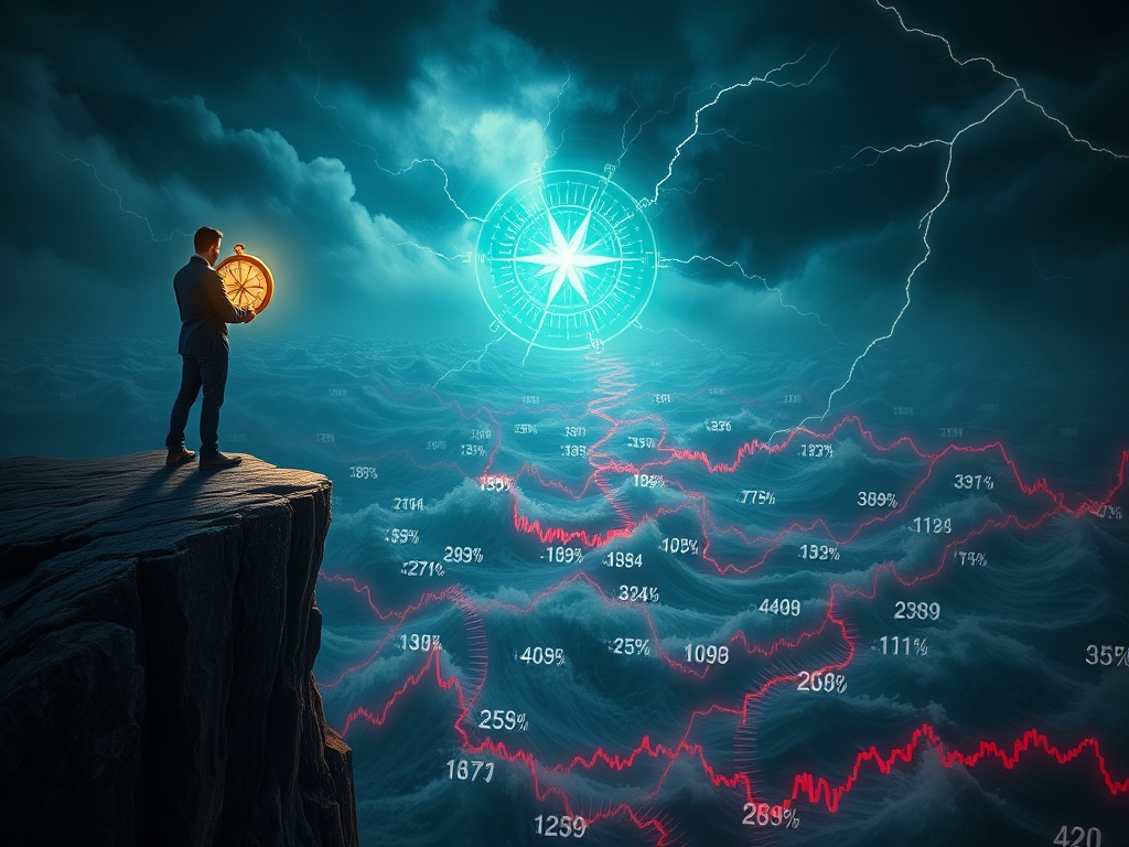 A metaphorical image of a person confidently navigating a chaotic market, guided by a compass representing smart stock analysis.