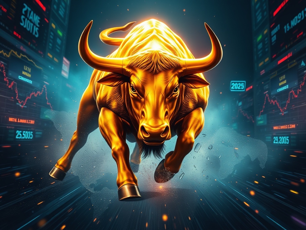A golden bull charges through a chaotic market, representing a strong Gold Price Prediction for 2025.