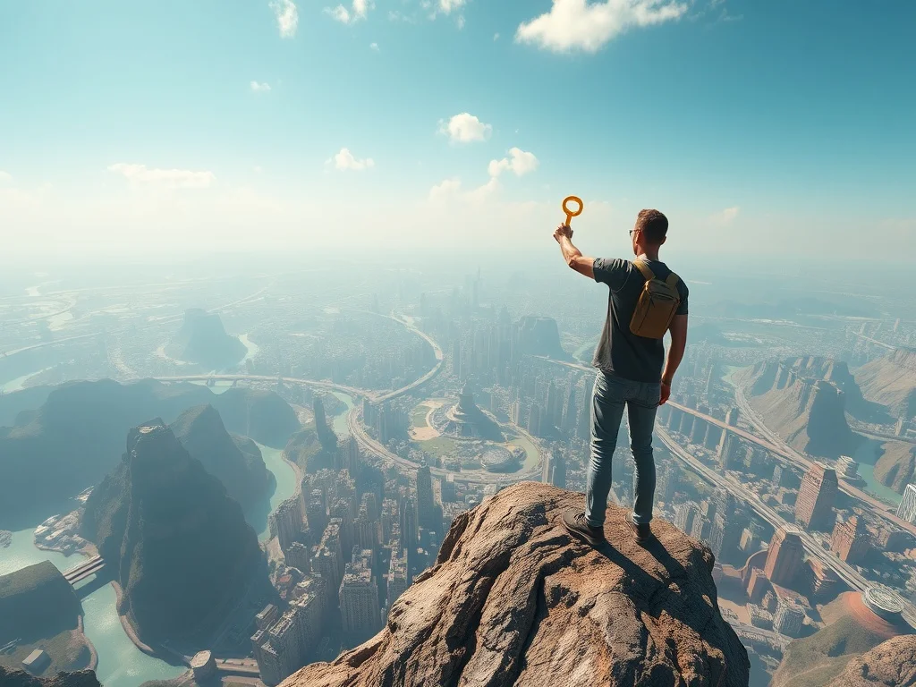 A conceptual illustration representing Metaverse Finance, showing a digital avatar interacting with financial graphs and virtual real estate in a futuristic landscape.