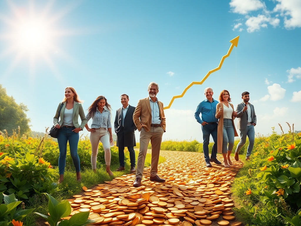 A visual representation of inflation investing, showing gold coins and real estate symbols balancing on a scale.