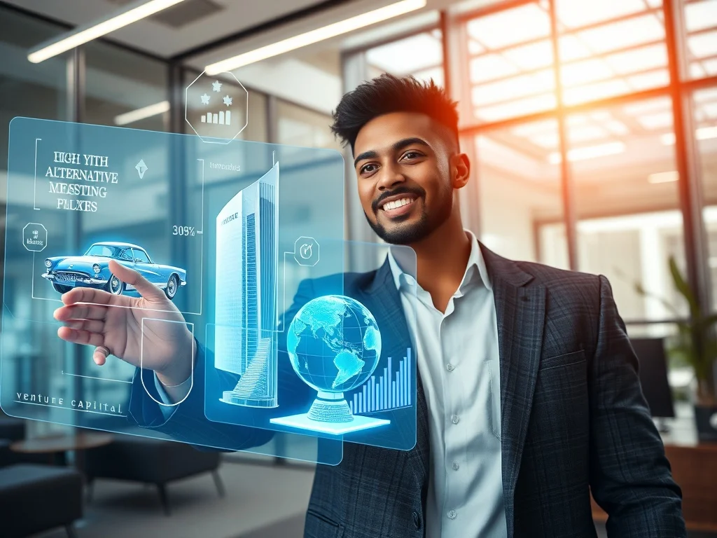 A diverse portfolio chart showing traditional stocks versus high-yield alternative investments including real estate, private equity, and digital assets, illustrating portfolio diversification strategy.