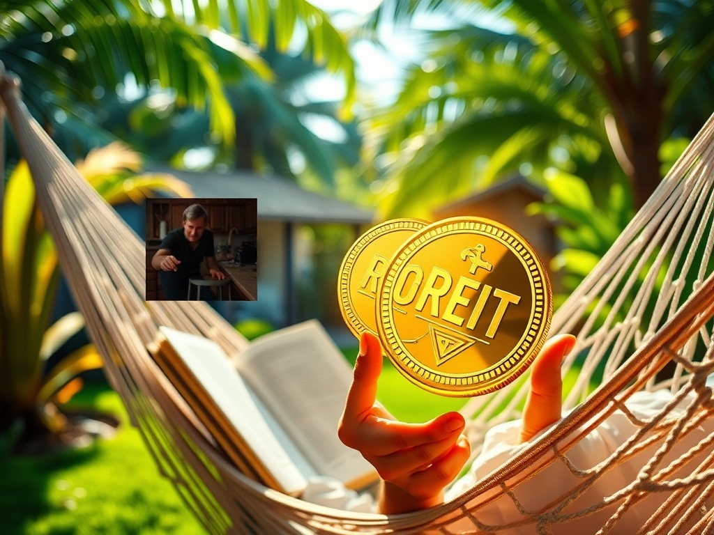 Conceptual art showing a person on a beach with a laptop, managing their Passive Real Estate Income portfolio from anywhere in the world.