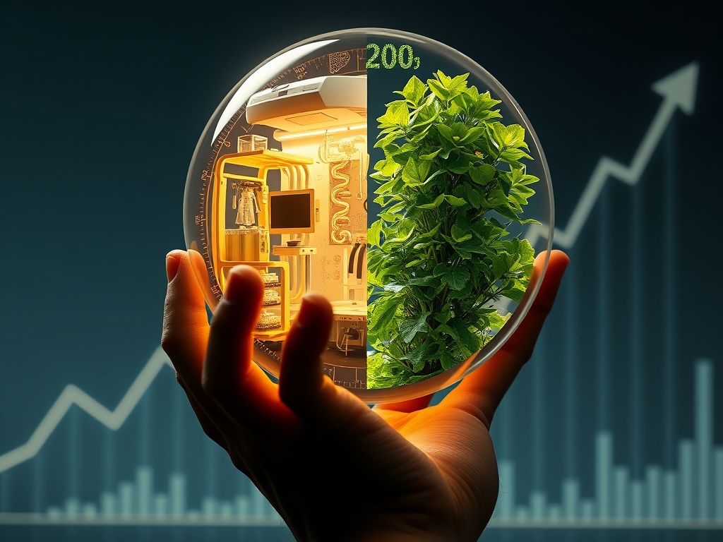 A professional stock photo representing strategic investment, featuring an investor calmly analyzing a holographic financial chart with various growth sectors.