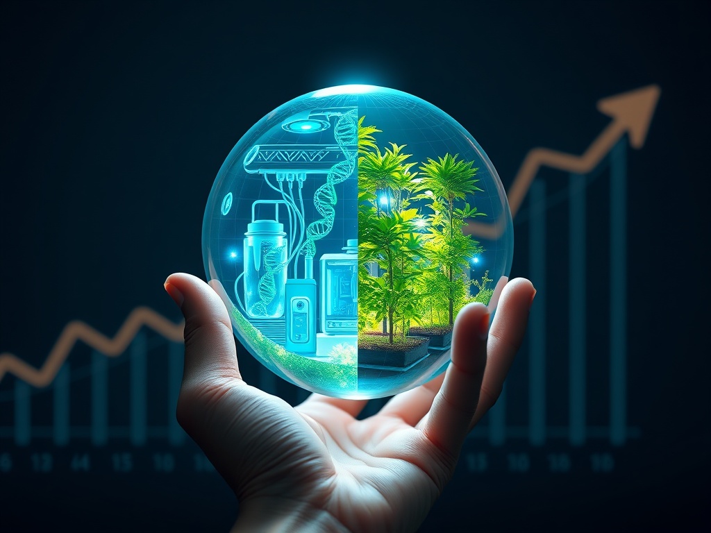 A vivid illustration of a diversified investment portfolio, showing interconnected symbols of cryptocurrency, green energy, and biotechnology.