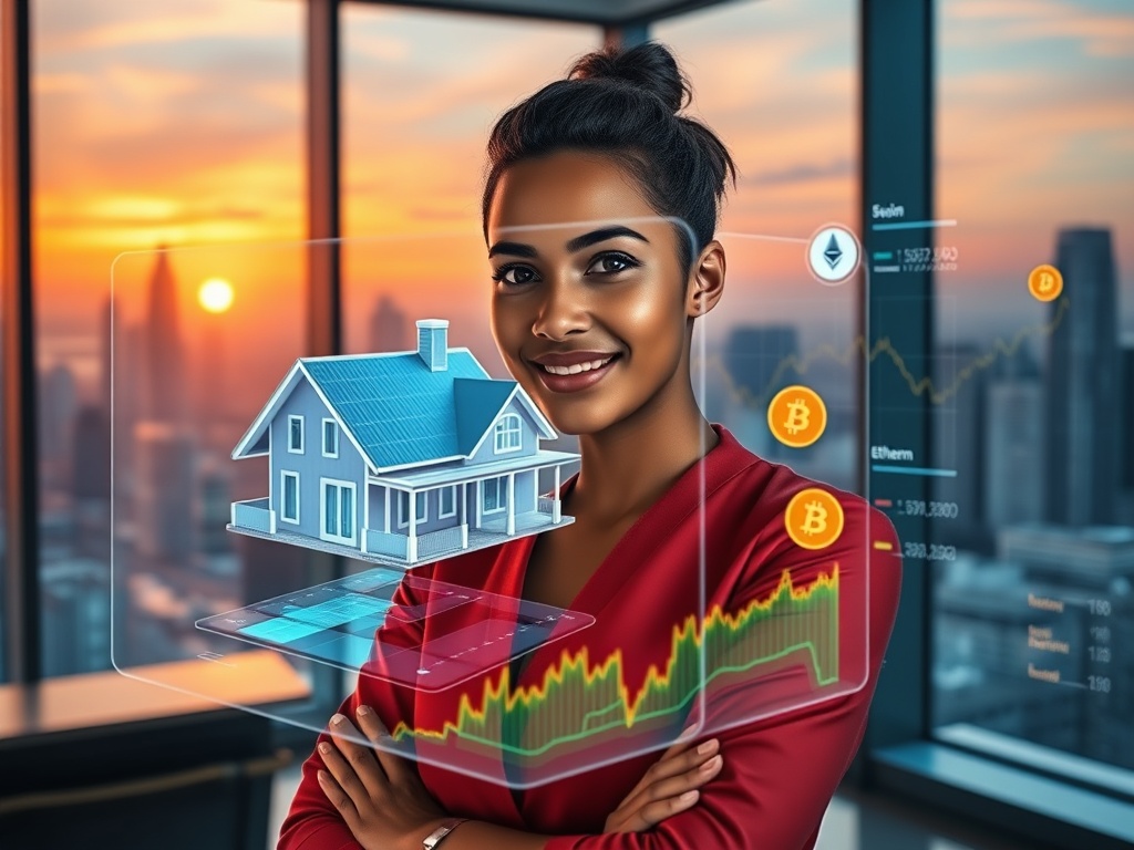 A detailed visual of a person confidently engaging in crypto investing, with digital charts and futuristic elements blending into a vibrant city backdrop.