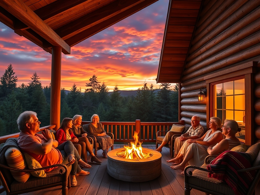 A happy family gathered on the deck of a beautiful cabin, illustrating the lifestyle and guest appeal of a Log Cabin Investment.