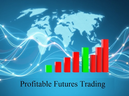 A realistic image of a financial data display with a glowing green arrow, indicating successful profitable futures trading.