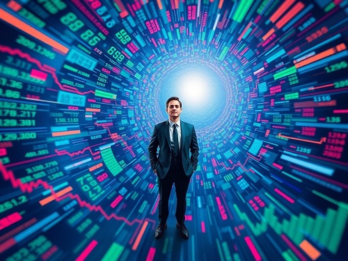 A photo-realistic depiction of a calm individual standing firm in a storm of financial data, showcasing the emotional discipline of financial resilience.