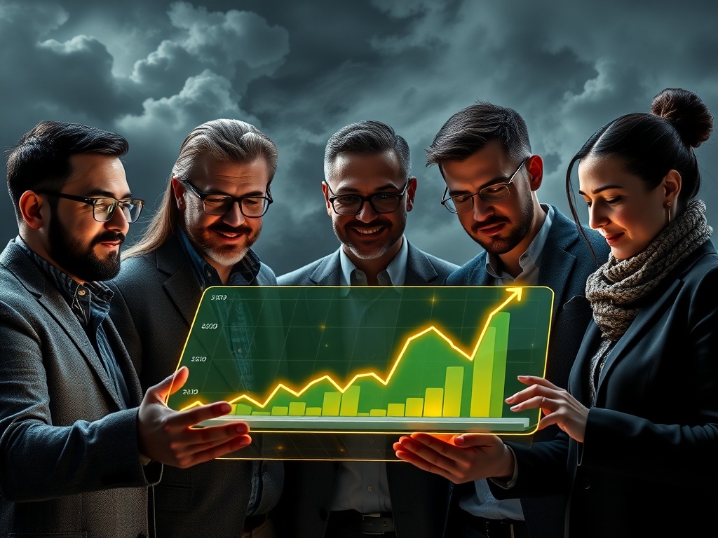 A diverse group of confident investors analyzing a dynamic market graph, strategizing their Dollar Gold Investments.