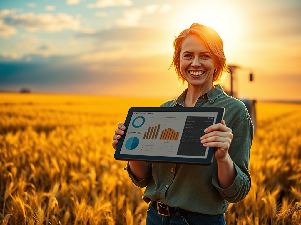 A modern farmer analyzing data on a tablet in a golden wheat field, symbolizing a profitable Productive Farmland Investment.
