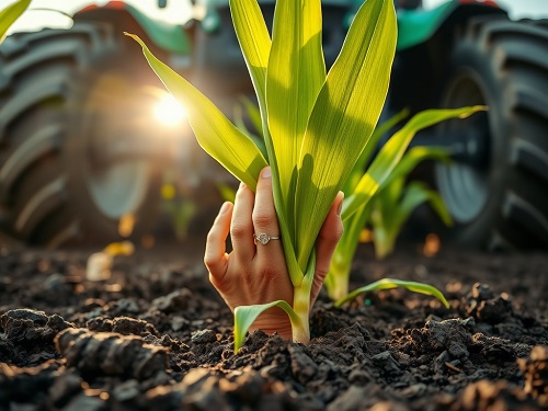 A hand holding rich soil with a young plant, representing the tangible security and growth potential of Productive Farmland Investment.