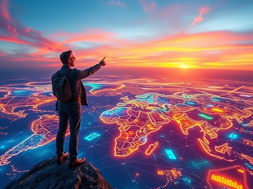 A diverse group of confident investors examining a large, interactive hologram displaying various strategies for alternative wealth building and portfolio diversification.