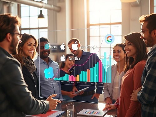 A diverse group of investors analyzing data on a screen showcasing the FAANG investment strategy.