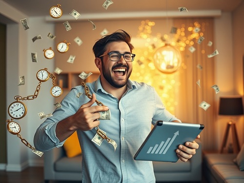 A woman analyzing a growing financial graph, practicing her financial freedom habits.
