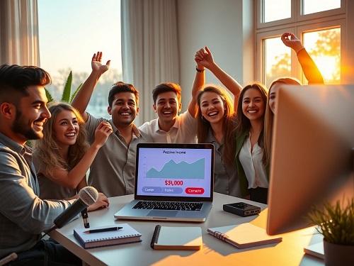A diverse group of people celebrating success from using various passive income strategies.
