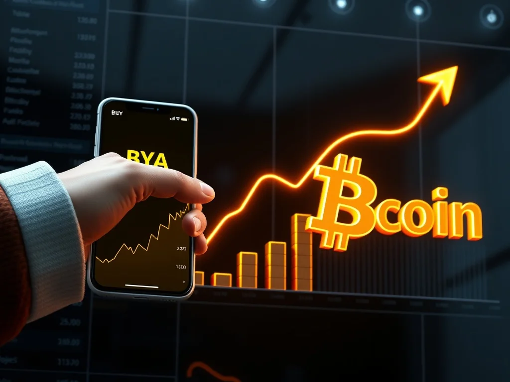 A person calmly analyzing a long-term Bitcoin investment growth chart on a tablet, symbolizing strategic wealth building.