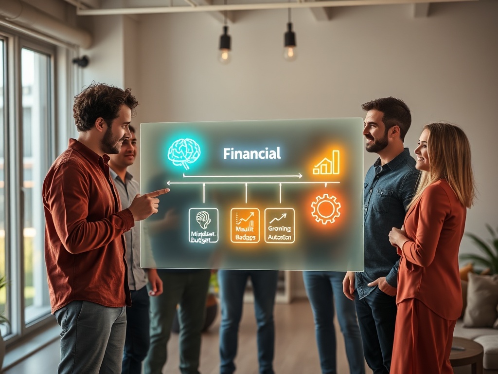 A diverse group analyzes a vibrant flowchart outlining the 5 essential financial freedom steps to wealth building.