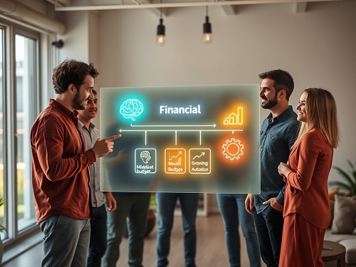A diverse group of people engaged in discussion around a whiteboard displaying the five core financial freedom steps.