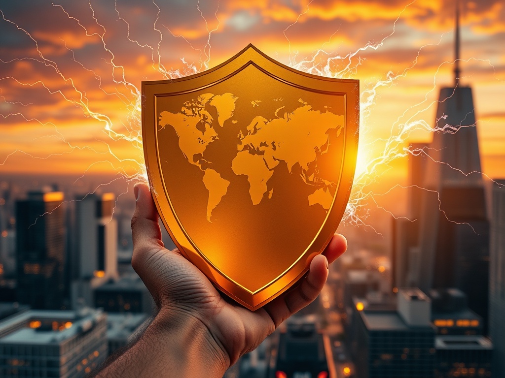 A realistic visual metaphor showing how inflation hedge gold silver acts as a protective shield against economic volatility and market chaos.