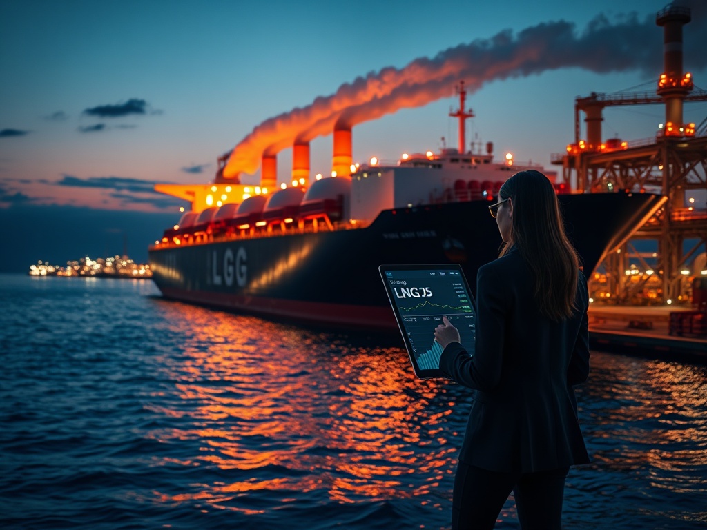A focused foresightful energy investor analyzes vibrant global energy market data on a futuristic dashboard, highlighting geopolitical risks and LNG trends.