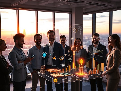 Visual representation of dominant 2025 crypto trends with icons for AI, tokenized assets, and scalable blockchains, set against a dynamic, data-driven background.
