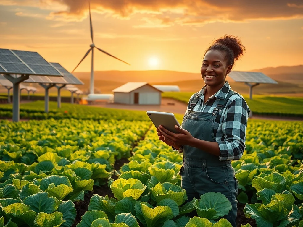 A conceptual image representing sustainable agriculture investments, showing a farmer using a tablet in front of a field with solar panels and wind turbines in the background.