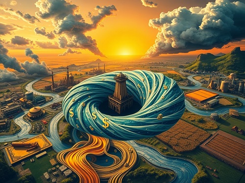 An interconnected visual of Global Commodity Investment showing key resources like crude oil, copper, and wheat trading on a global scale.