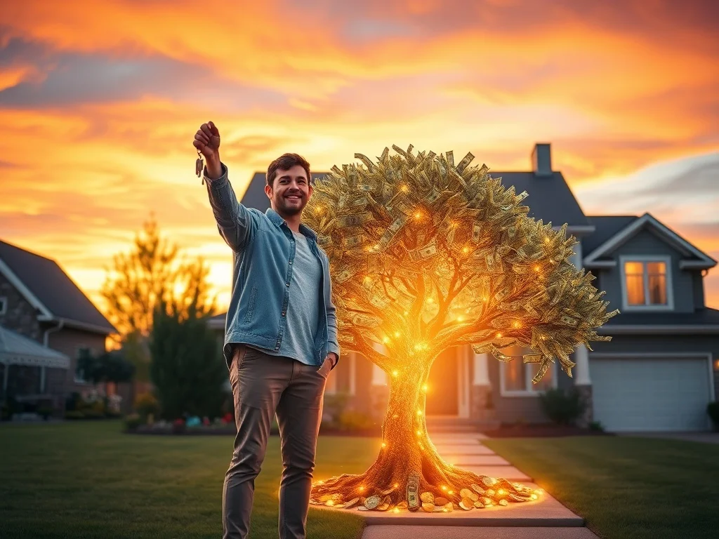 A determined couple smiles while holding the keys to their first home, symbolizing the achievement of homeownership.