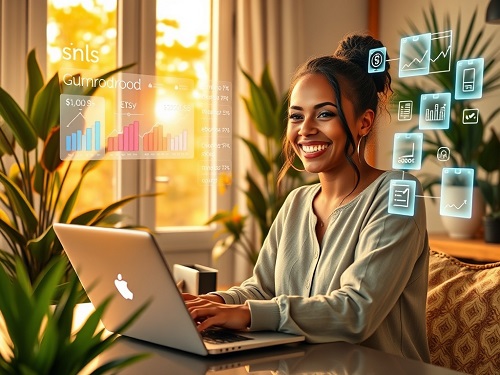 A conceptual visual for achieving Financial Independence, showing a golden gear mechanism generating cash flow in a modern home, with people enjoying freedom in the background.