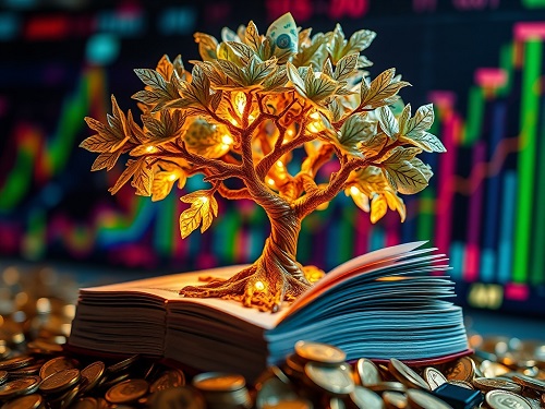 A vibrant tree with leaves made of glowing currency grows from a book titled Financial Independence, its roots are circuit boards and blueprints, set against a backdrop of stock market graphs.