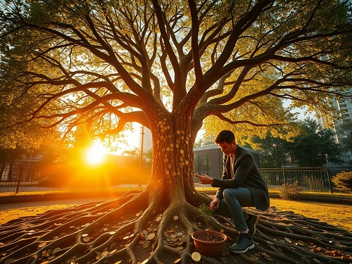 A young investor harnesses the power of compounding, walking a clear path of growth above a chaotic market, focused on a bright financial future.