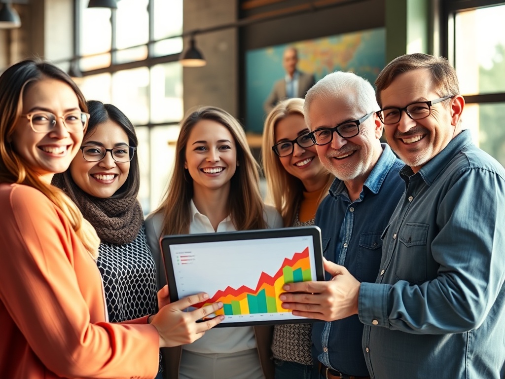 A diverse group of confident investors using a tablet to analyze investment formulas for investors, showing a clear growth chart.