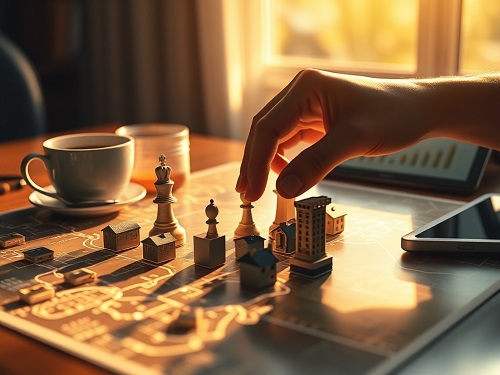 Data-Driven Strategy Focus: A diverse team of investors analyzes a vibrant holographic property market forecast, embodying data-driven Real Estate Investment Strategies.