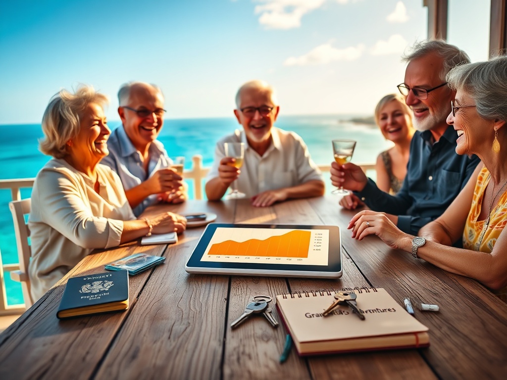 A diverse group of happy retirees laughing on a terrace, representing successful retirement income strategies.