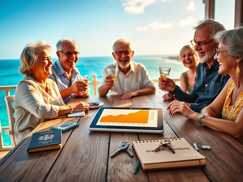 A diverse group of joyful retirees on a sunny terrace, visually embodying the success of modern Retirement Income Strategies that fund dreams and provide freedom.