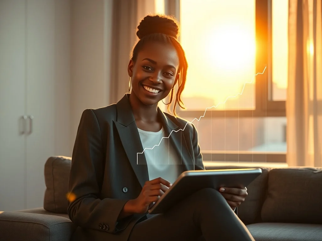 A person achieving investing mindset mastery, calmly analyzing a modern financial dashboard with charts trending upwards.