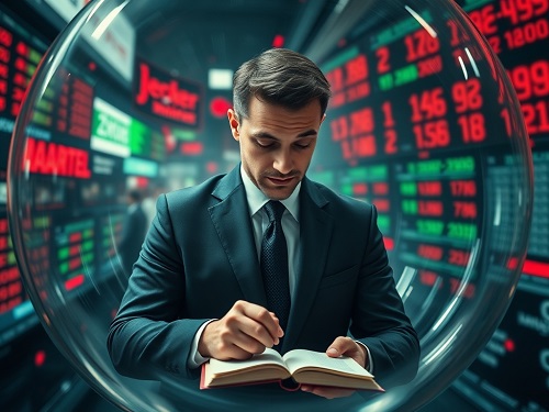 A calm investor meditates peacefully while surrounded by a chaotic storm of financial charts and headlines, visualizing the psychological discipline central to Investing Mindset Mastery.