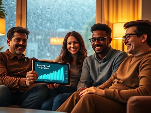 A diverse group of people confidently reviewing their emergency fund essentials on a digital tablet, showcasing a growing savings graph and a secure financial future.