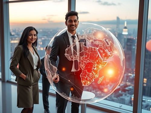 A diverse team of analysts monitoring a large holographic globe displaying real-time international market data, symbolizing the strategy of international investment diversification.