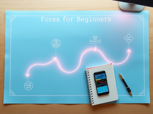 An educational infographic for forex trading for beginners, illustrating currency pairs, risk management, and trading psychology concepts visually.