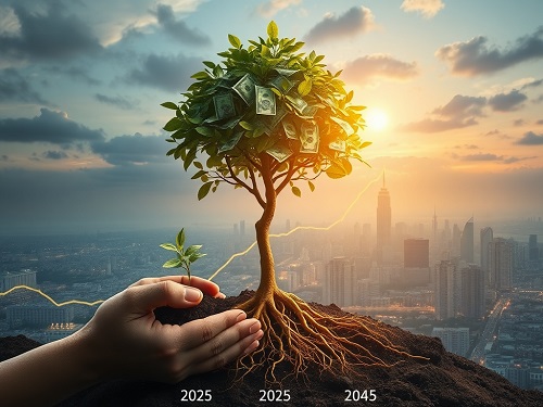 A detailed infographic illustrating key long-term wealth building strategies, including compound interest charts and diversification models for 2025 investors.