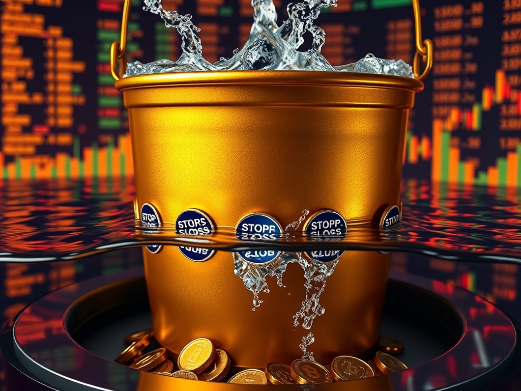 A trader analyzing charts with a effective loss management strategy diagram overlay showing stop-loss and profit points.
