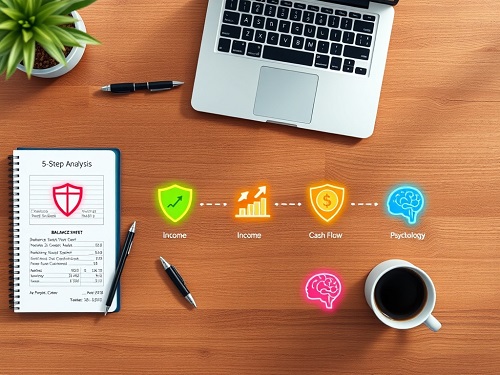 A visual guide to the 5-step blueprint of Financial Statement Analysis, showing how to evaluate balance sheets, income statements, and cash flow.